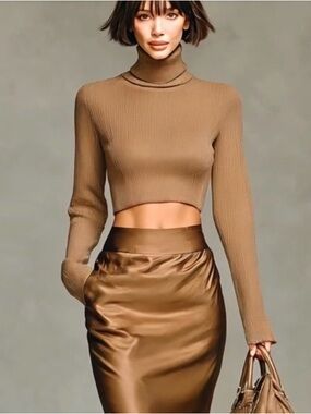 Cropped Ribbed Turtleneck Sweater and Satin Midi Skirt